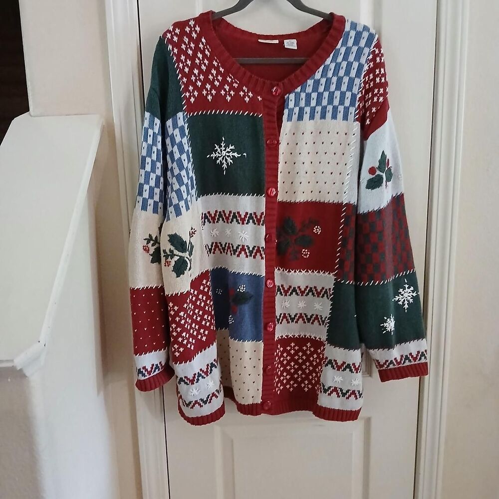 Vintage 90s Cherokee Patchwork Christmas Holiday Cardigan Sweater 3XL Cottage
